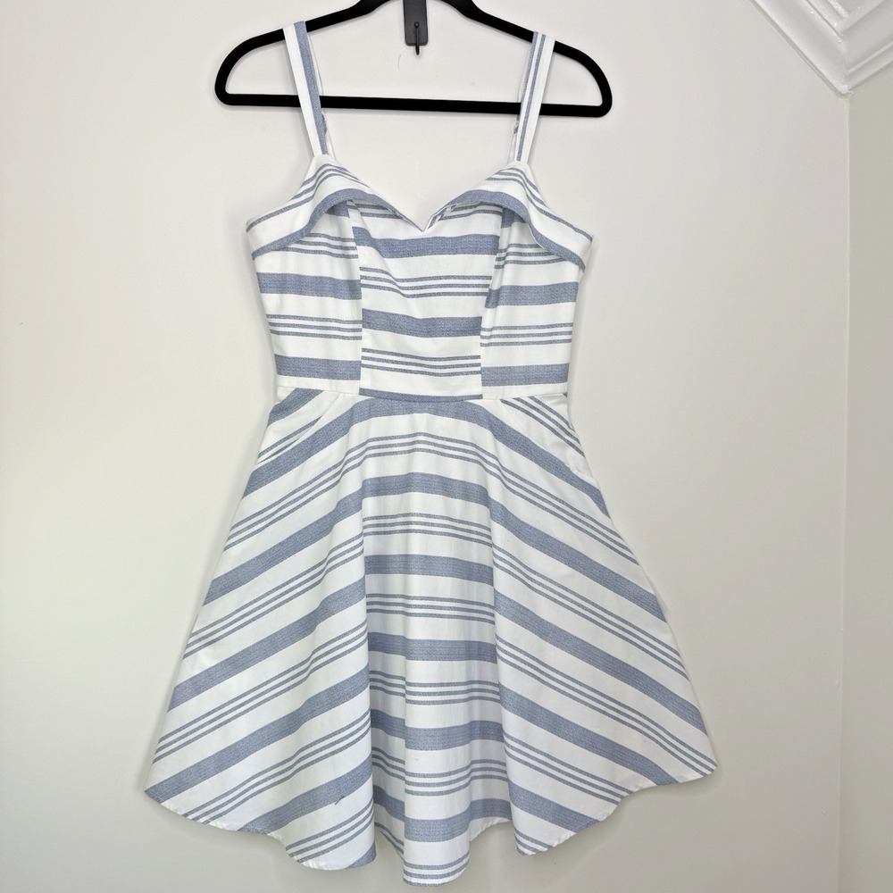 Trixxi Striped Fit &‎ Flare Dress Women's S Blue White Sweetheart Cotton Pockets